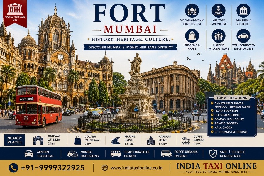 Fort district in South Mumbai featuring Victorian Gothic buildings, CSMT, Flora Fountain and colonial architecture