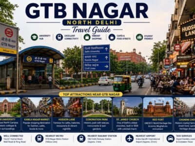 GTB Nagar in North Delhi featuring Delhi University, GTB Nagar Metro Station, Hudson Lane cafés and vibrant shopping streets