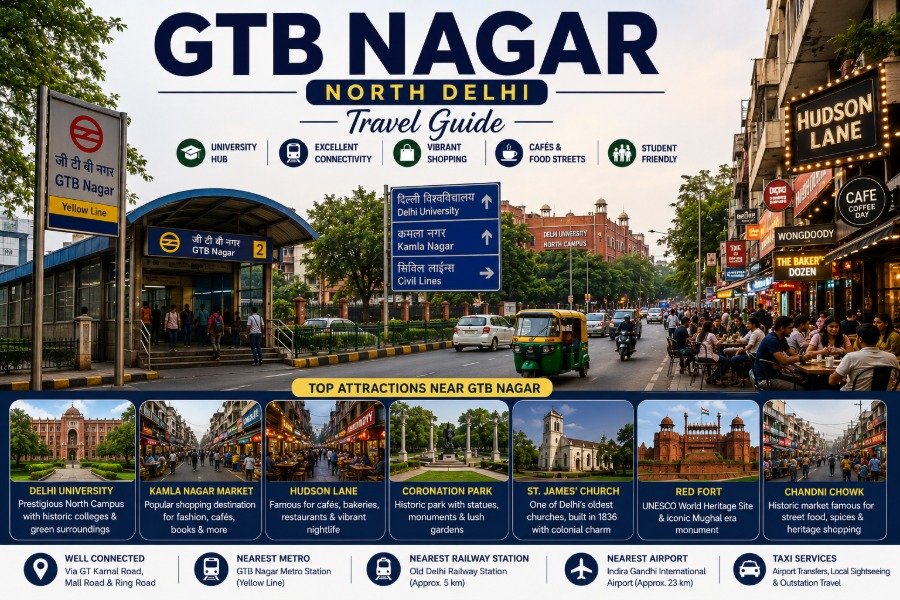 GTB Nagar in North Delhi featuring Delhi University, GTB Nagar Metro Station, Hudson Lane cafés and vibrant shopping streets