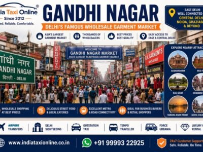 Busy Gandhi Nagar wholesale garment market in East Delhi with clothing shops, shoppers and commercial streets.