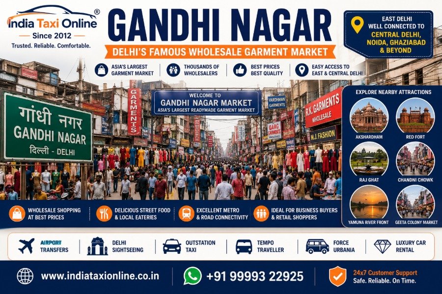 Busy Gandhi Nagar wholesale garment market in East Delhi with clothing shops, shoppers and commercial streets.