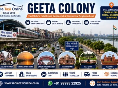 Street view of Geeta Colony in East Delhi with markets, residential neighbourhoods and convenient transport connectivity.