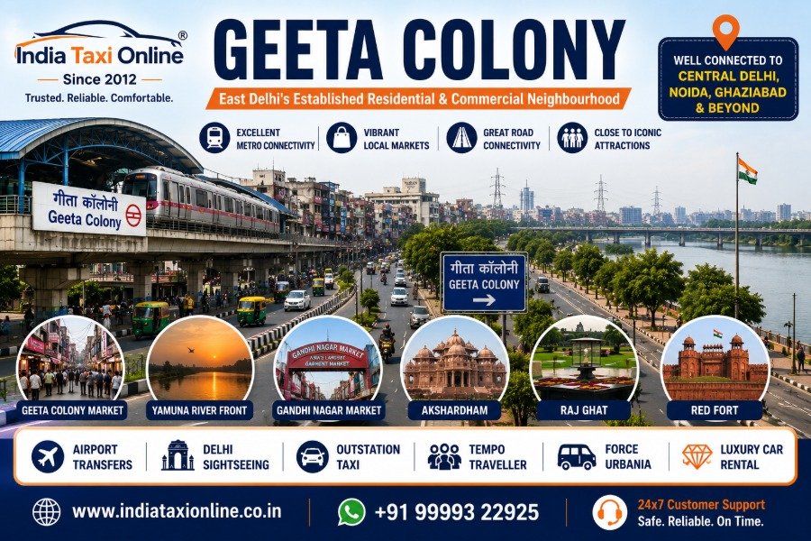 Street view of Geeta Colony in East Delhi with markets, residential neighbourhoods and convenient transport connectivity.