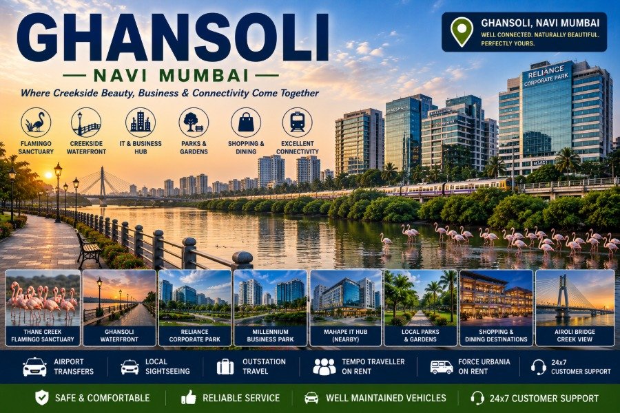 Scenic Ghansoli featuring Thane Creek waterfront, mangroves, modern IT buildings and Navi Mumbai skyline