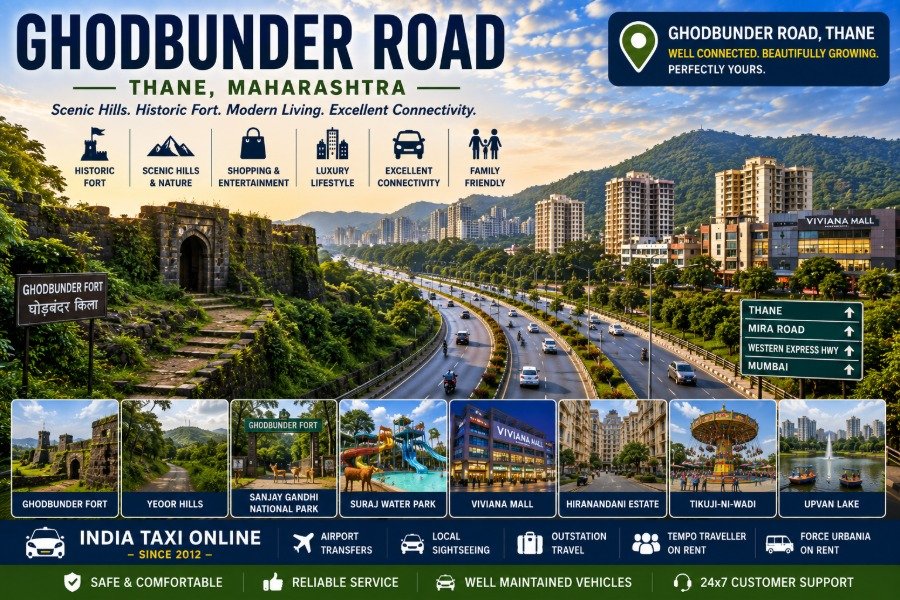 Scenic Ghodbunder Road featuring Ghodbunder Fort, Yeoor Hills, luxury skyline and green landscapes