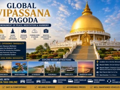 Global Vipassana Pagoda Mumbai Travel Guide Global Vipassana Pagoda with its magnificent golden dome, landscaped gardens and Arabian Sea backdrop near Gorai