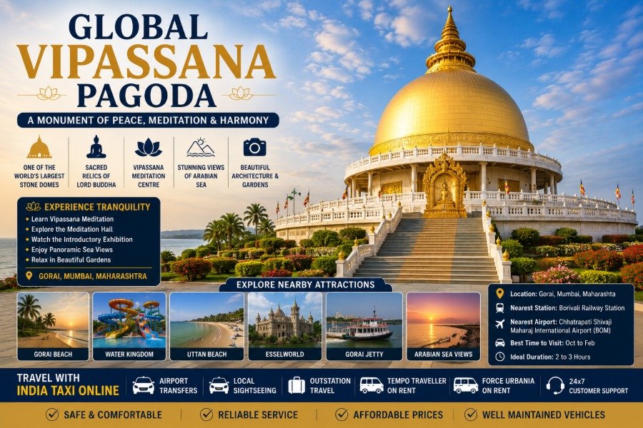 Global Vipassana Pagoda with its magnificent golden dome, landscaped gardens and Arabian Sea backdrop near Gorai