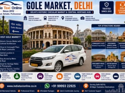 Historic Gole Market building with colonial architecture, nearby Connaught Place and Central Delhi landmarks.