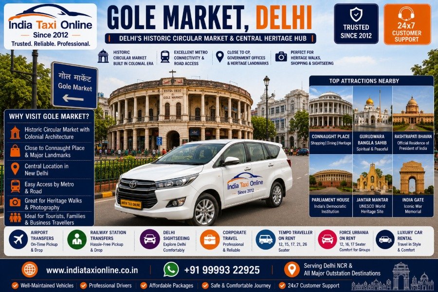 Historic Gole Market building with colonial architecture, nearby Connaught Place and Central Delhi landmarks.