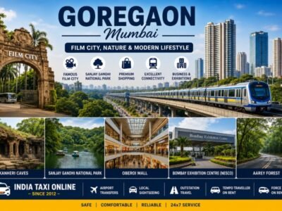 Goregaon Mumbai Film City and National Park Goregaon Mumbai featuring Film City, Sanjay Gandhi National Park, skyline and modern commercial district