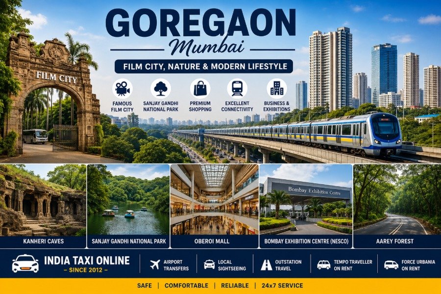 Goregaon Mumbai featuring Film City, Sanjay Gandhi National Park, skyline and modern commercial district