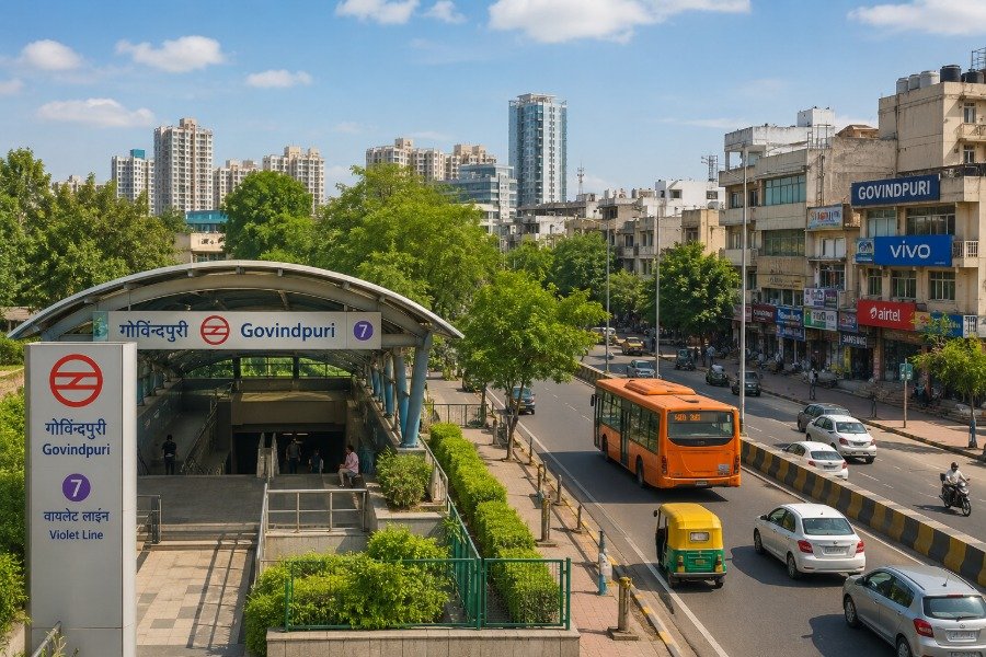 Street view of Govindpuri in South Delhi with nearby metro connectivity and local market
