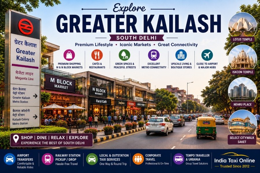 Greater Kailash M Block Market in South Delhi featuring luxury shopping, cafés, premium residences, boutique stores, and excellent Metro connectivity