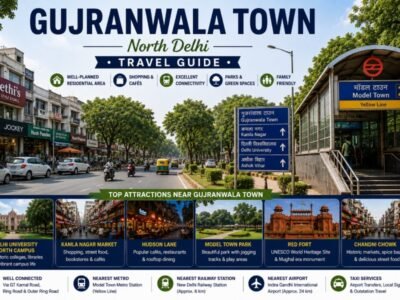 Gujranwala Town in North Delhi featuring tree-lined streets, residential neighbourhoods, shopping markets and Model Town Metro connectivity