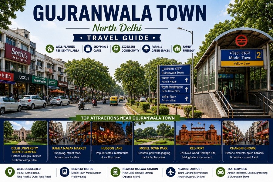 Gujranwala Town in North Delhi featuring tree-lined streets, residential neighbourhoods, shopping markets and Model Town Metro connectivity