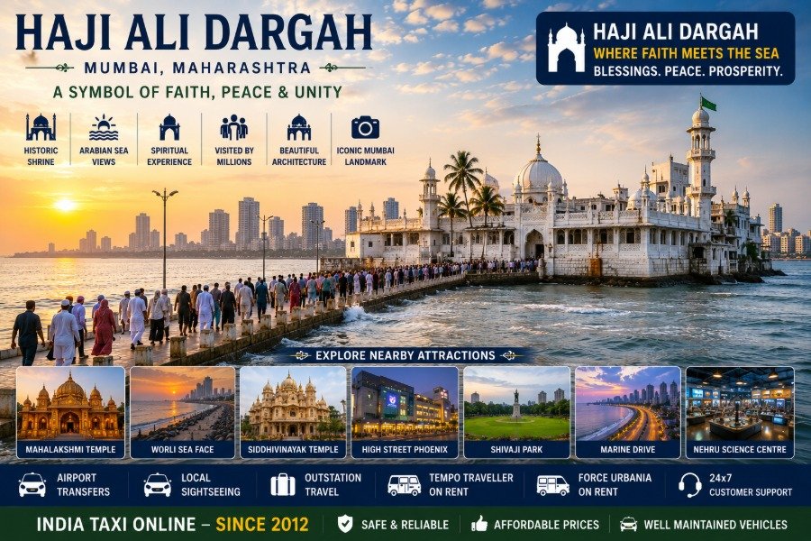 Haji Ali Dargah surrounded by the Arabian Sea with its iconic white marble architecture and scenic causeway