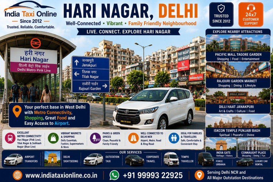 Hari Nagar Metro Station, residential neighbourhood, shopping market and modern streets in West Delhi.