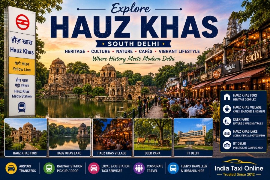 Hauz Khas Fort, Deer Park, Hauz Khas Village, scenic lake, heritage monuments, cafés, boutique shopping, and Delhi Metro connectivity