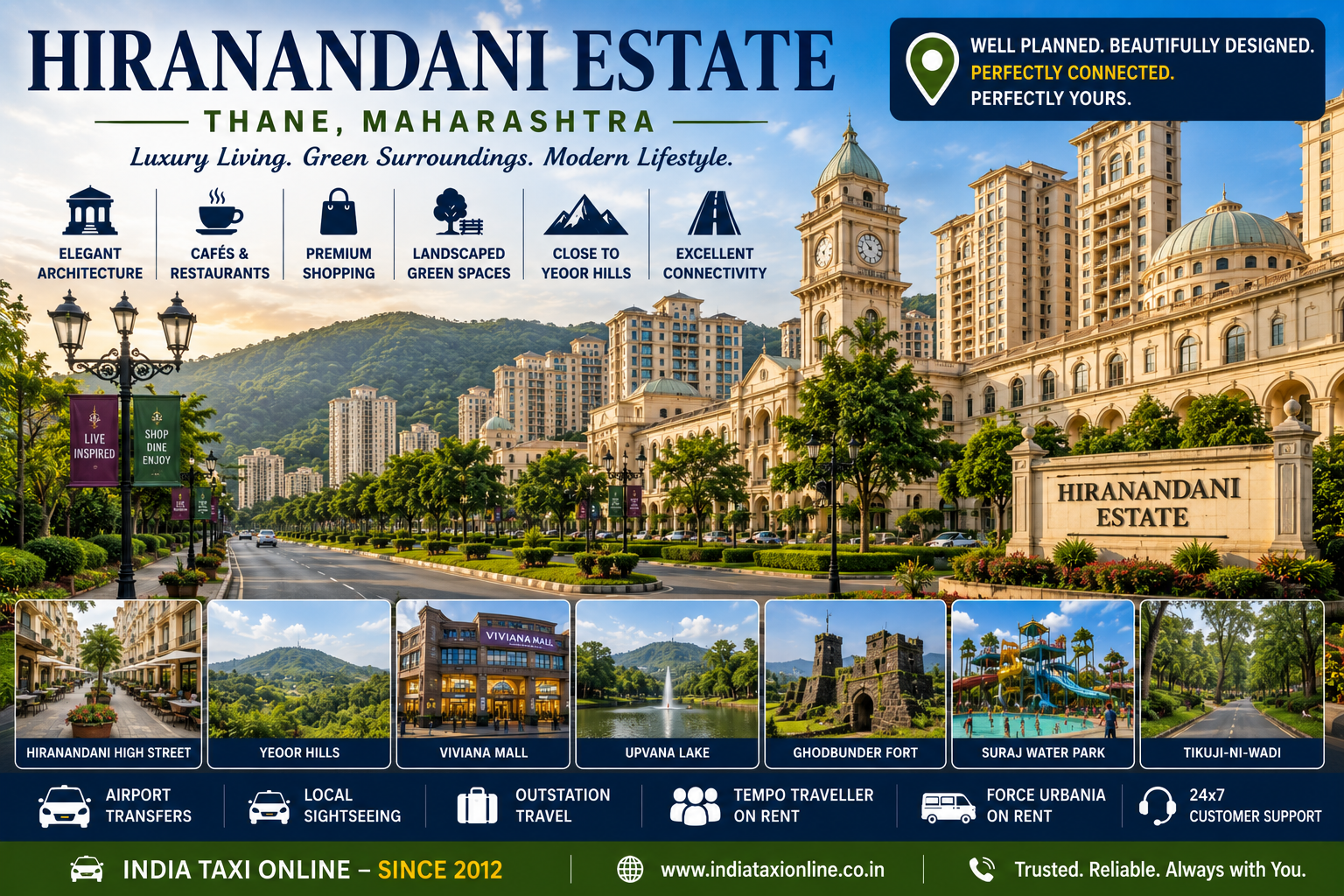 Elegant Hiranandani Estate featuring European-style architecture, landscaped boulevards, cafés and modern skyline