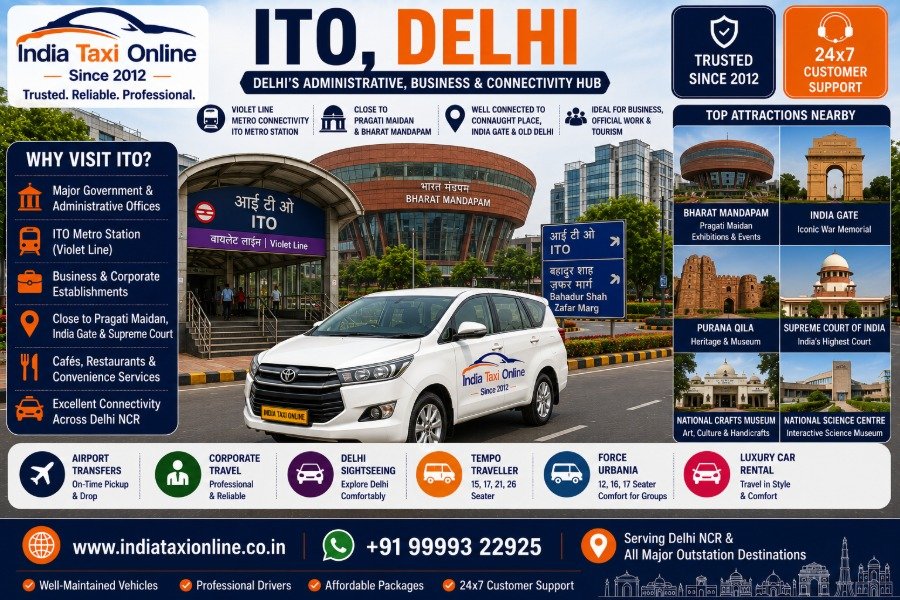 ITO Delhi featuring ITO Metro Station, government offices, Bharat Mandapam and Central Delhi business district.
