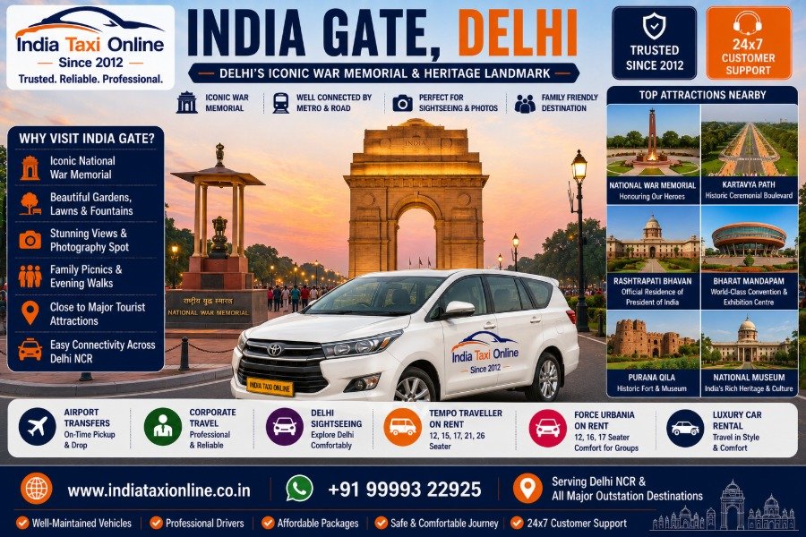 India Gate illuminated at Kartavya Path with National War Memorial and landscaped gardens in New Delhi.