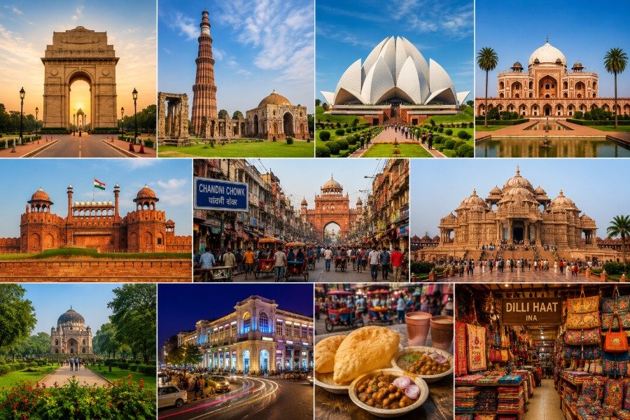 Delhi city travel guide featuring India Gate, Red Fort, Qutub Minar and iconic landmarks in India's capital