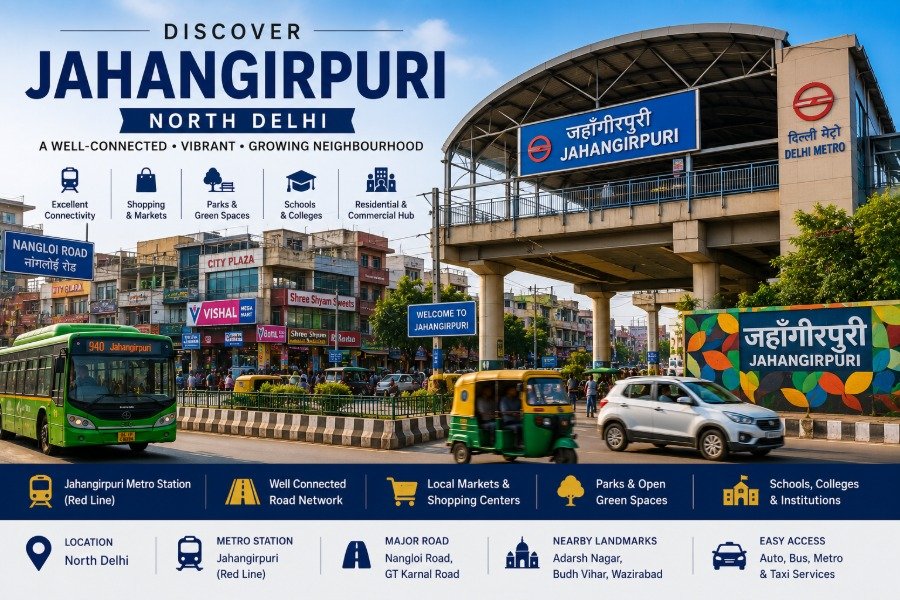 ahangirpuri in North West Delhi featuring Jahangirpuri Metro Station, bustling local markets, GT Karnal Road and vibrant commercial streets