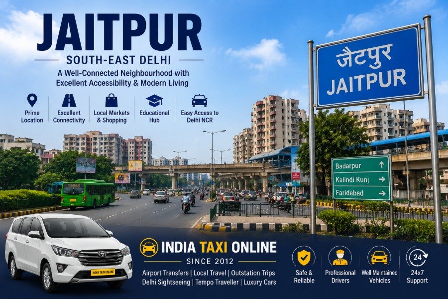 A wide-angle view of Jaitpur in South-East Delhi featuring residential streets, local markets, modern roads and convenient access to nearby attractions, showcasing the neighbourhood's connectivity and urban landscape.