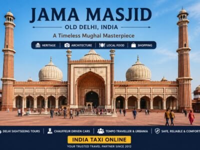 Front view of Jama Masjid in Old Delhi showcasing Mughal architecture under a clear blue sky