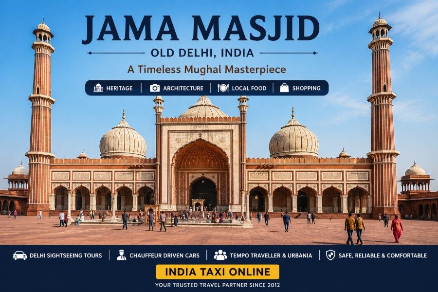 Front view of Jama Masjid in Old Delhi showcasing Mughal architecture under a clear blue sky