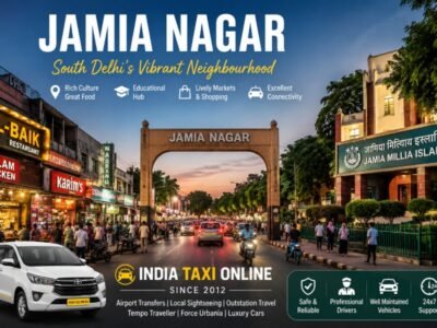 Street view of Jamia Nagar in South Delhi featuring local markets, restaurants, Jamia Millia Islamia surroundings and urban streets for visitors exploring the area.