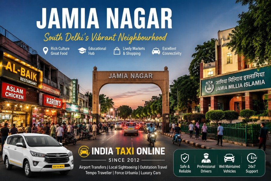 Street view of Jamia Nagar in South Delhi featuring local markets, restaurants, Jamia Millia Islamia surroundings and urban streets for visitors exploring the area.