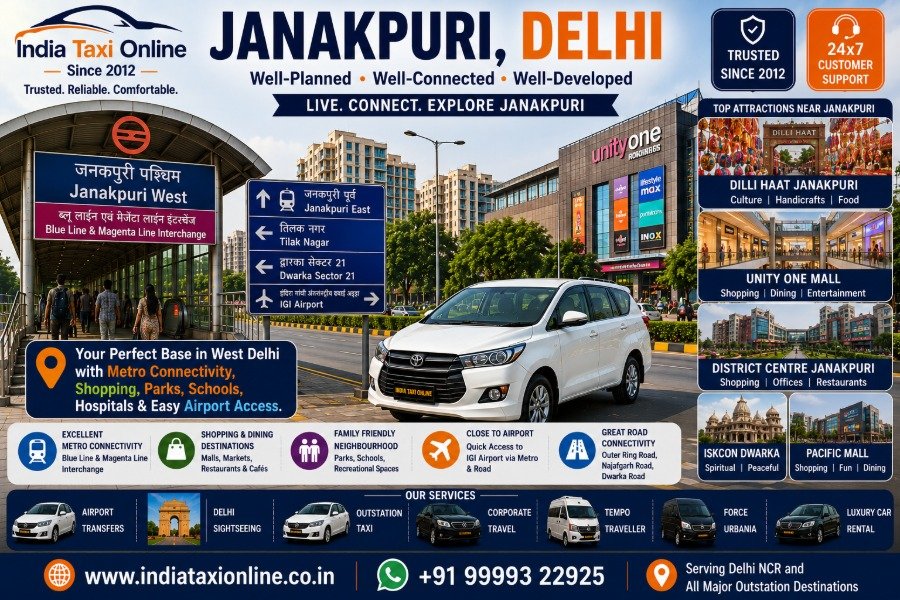Janakpuri West Metro Station, District Centre, Unity One Mall and modern residential sectors in West Delhi.