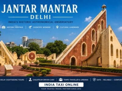Historic astronomical instruments at Jantar Mantar in New Delhi under a bright blue sky