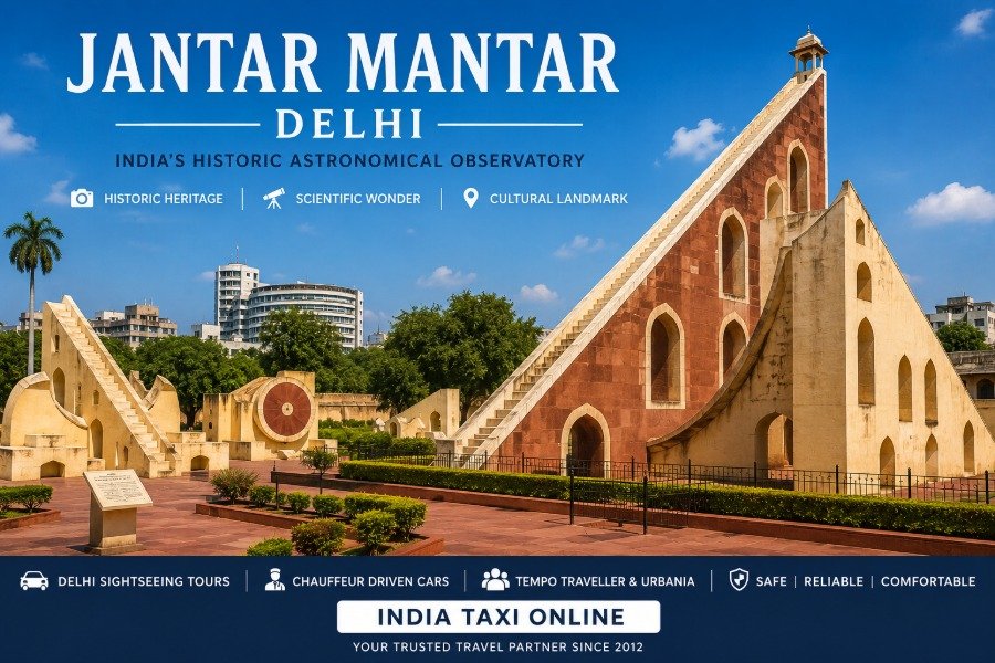 Historic astronomical instruments at Jantar Mantar in New Delhi under a bright blue sky
