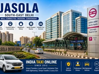 Panoramic view of Jasola in South-East Delhi featuring modern commercial buildings, Jasola Apollo Metro Station, wide roads, landscaped surroundings and excellent connectivity for travellers.