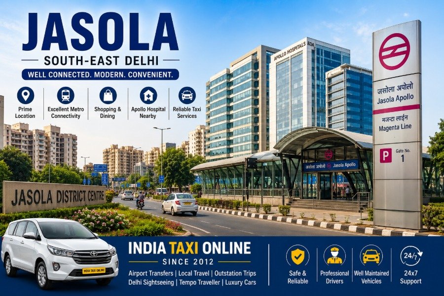Panoramic view of Jasola in South-East Delhi featuring modern commercial buildings, Jasola Apollo Metro Station, wide roads, landscaped surroundings and excellent connectivity for travellers.