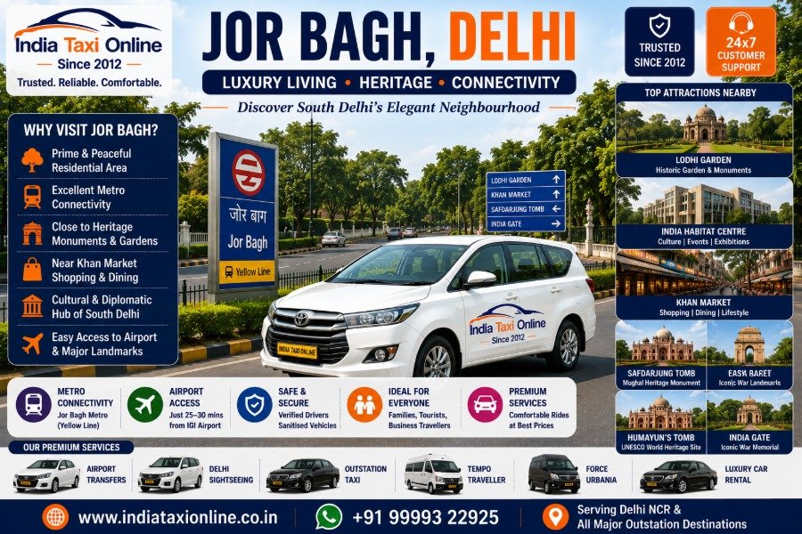 Jor Bagh featuring tree-lined avenues, Jor Bagh Metro Station, Lodhi Garden and premium residential neighbourhood in South Delhi.