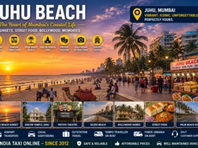Scenic Juhu Beach with golden sands, Arabian Sea sunset, lively promenade and Mumbai skyline