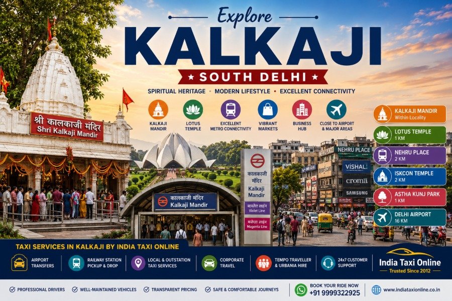 Kalkaji Mandir, Lotus Temple, Kalkaji Metro Station, South Delhi skyline, bustling markets, and India Taxi Online taxi services