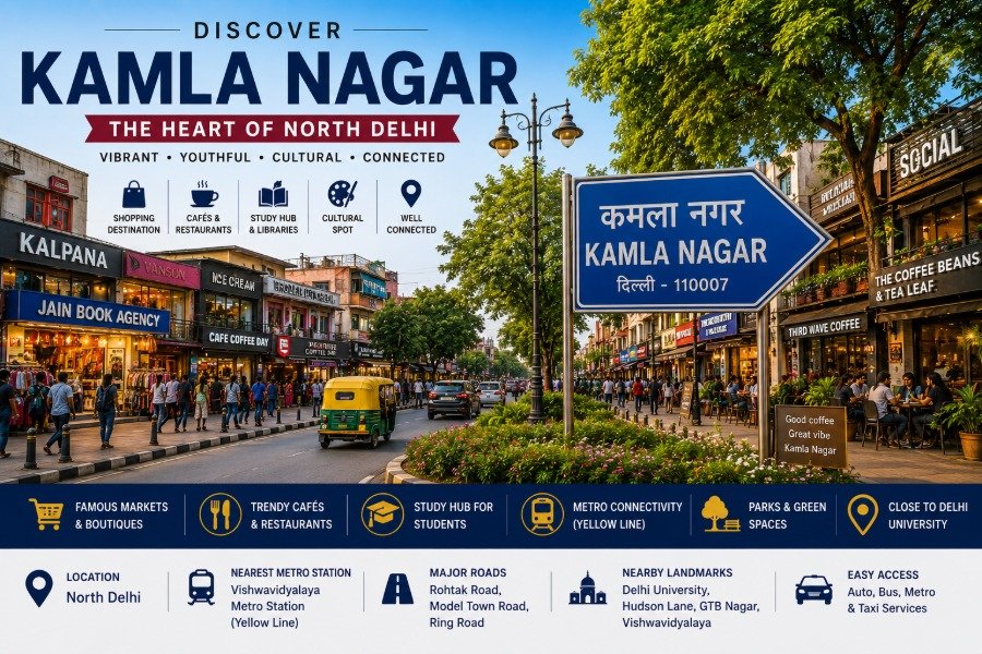 Kamla Nagar Market in North Delhi featuring vibrant shopping streets, cafés, Delhi University nearby and bustling retail stores
