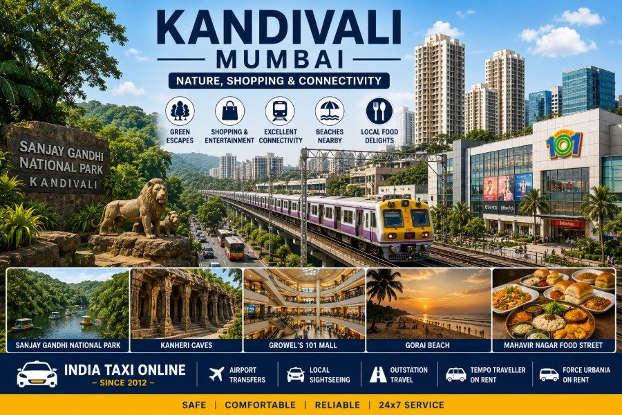 Kandivali Mumbai featuring Sanjay Gandhi National Park, Growel's Mall, modern skyline and western suburb