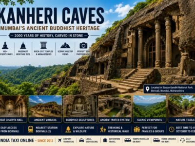 Ancient Kanheri Caves featuring Buddhist rock-cut temples, stone pillars, forest landscapes and historic architecture inside Sanjay Gandhi National Park