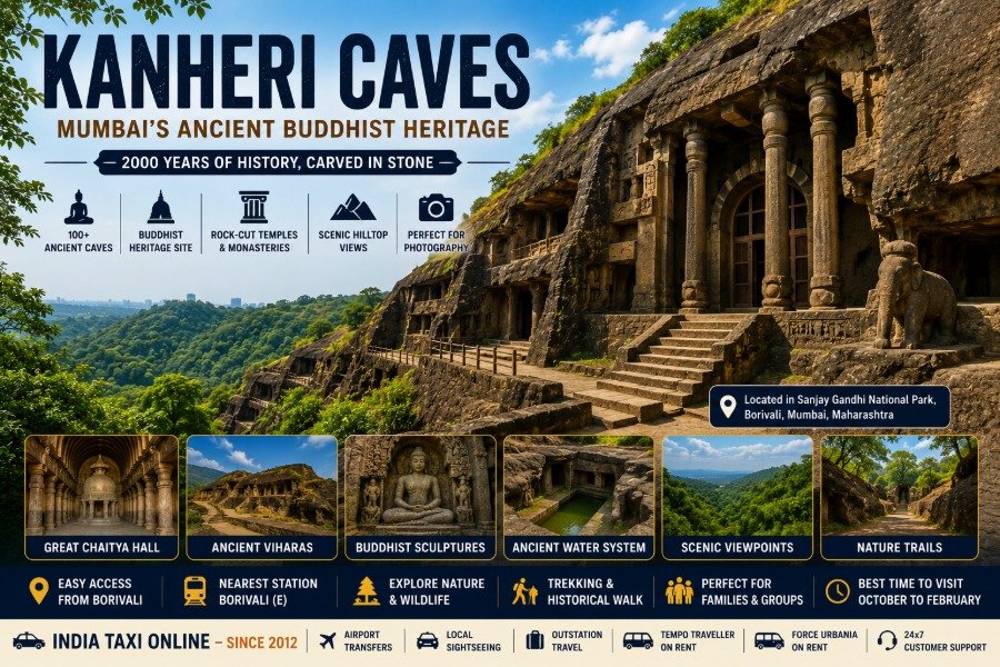 Ancient Kanheri Caves featuring Buddhist rock-cut temples, stone pillars, forest landscapes and historic architecture inside Sanjay Gandhi National Park