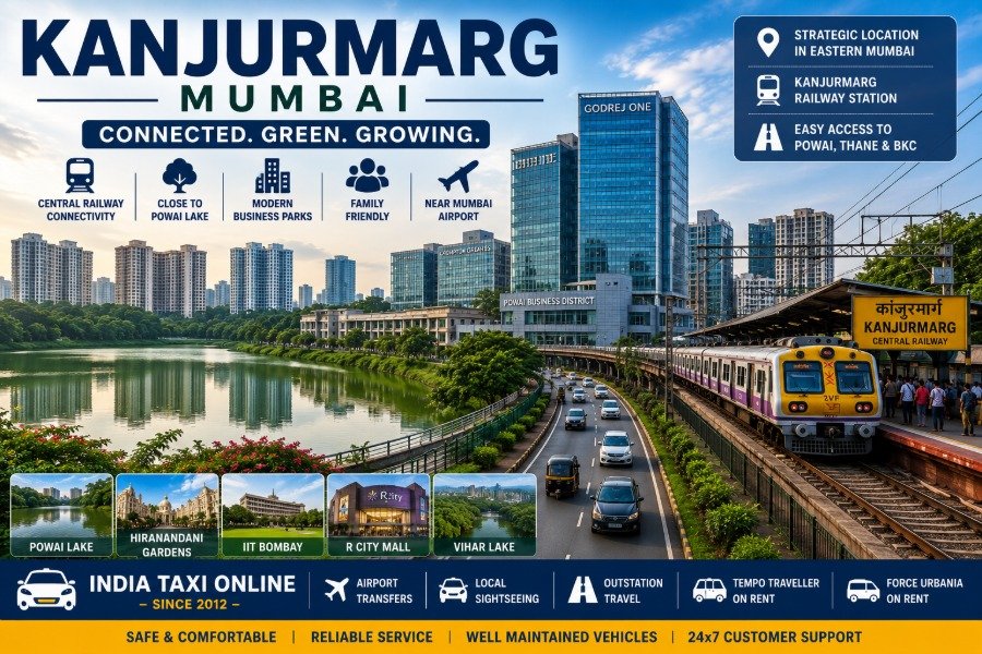 Kanjurmarg Mumbai featuring Powai Lake, business parks, railway connectivity and modern residential skyline