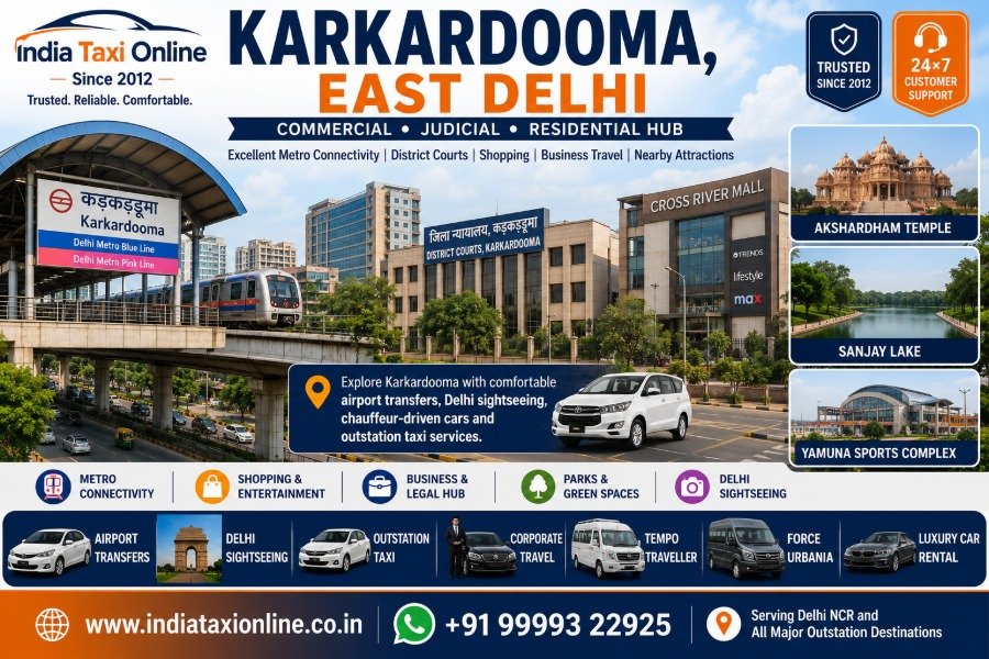 Karkardooma Metro Station, District Courts, Cross River Mall and modern commercial buildings in East Delhi.