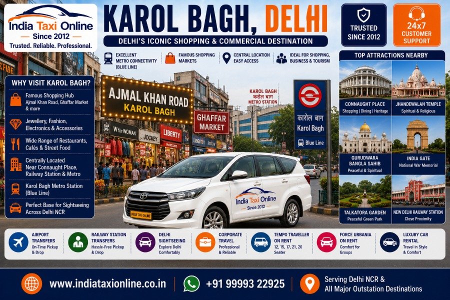 Karol Bagh featuring Ajmal Khan Road, Ghaffar Market, Karol Bagh Metro Station and shopping streets in Central Delhi.