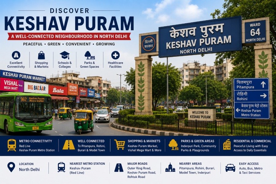 Keshav Puram in North West Delhi featuring Keshav Puram Metro Station, landscaped parks, modern residential neighbourhoods and tree-lined roads
