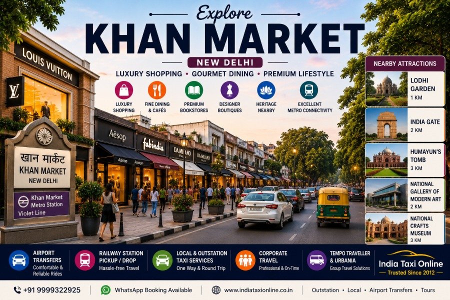 Khan Market in New Delhi featuring luxury boutiques, cafés, premium shopping, Delhi Metro connectivity, and vibrant lifestyle attractions