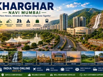 Scenic Kharghar featuring Central Park, green hills, Pandavkada Waterfall and modern Navi Mumbai skyline